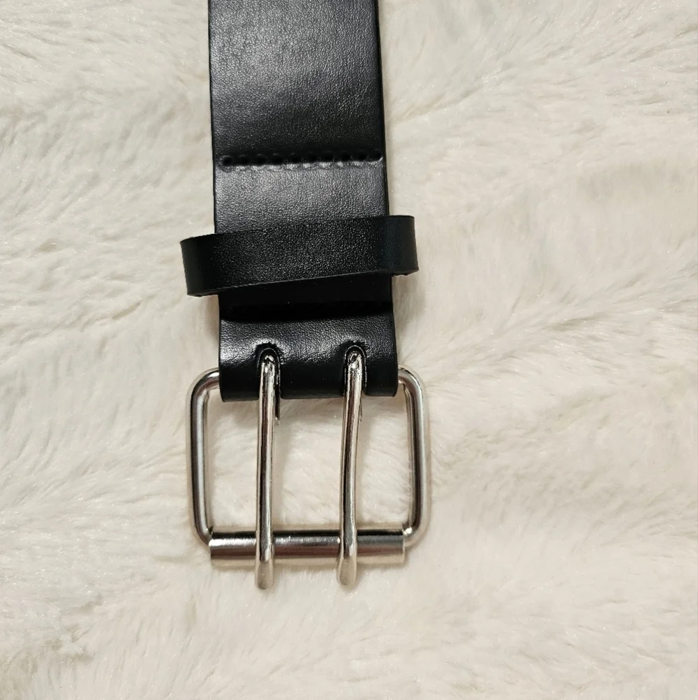 Black Belt Double Grommet Faux Leather Punk Belt for Women & Men, Small 39